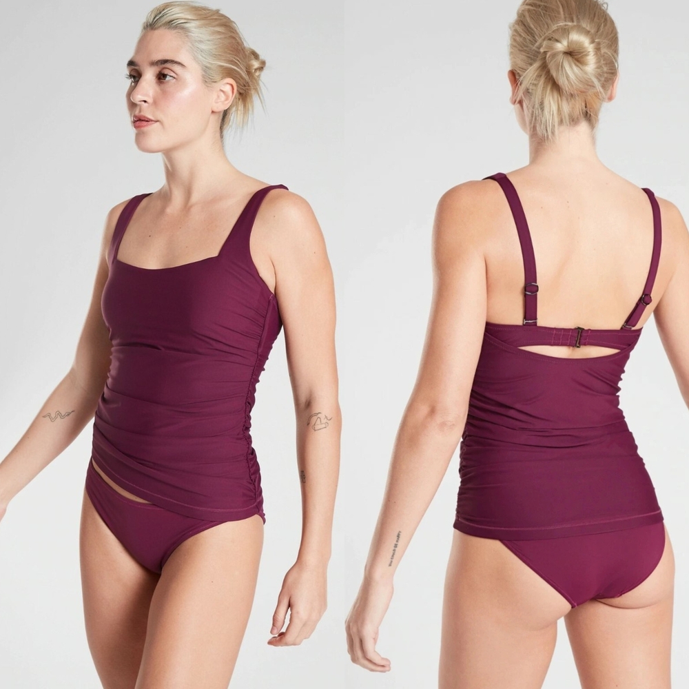 Athleta Square Neck Bra Cup Tankini Swim Top Velvet Plum Womens 32D/DD TALL NEW